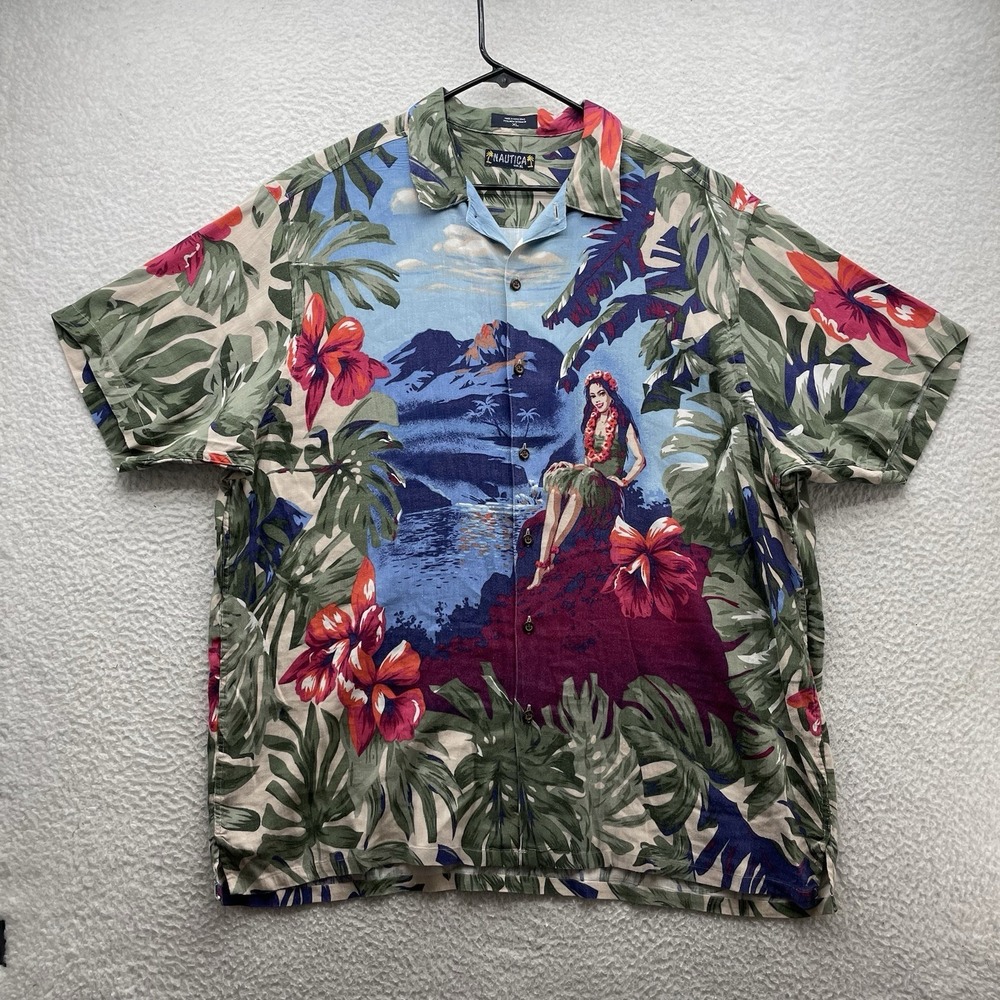 VTG Nautica Hawaiian Shirt Mens XL Relaxed Fit Linen Blend AOP Colorful Tropical